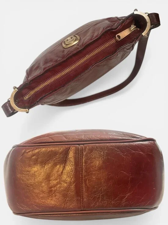 VTG Etienne Aigner Shoulder Bag Oxblood Leather Brass Logo 70s Germany Handmade - Picture 6 of 9